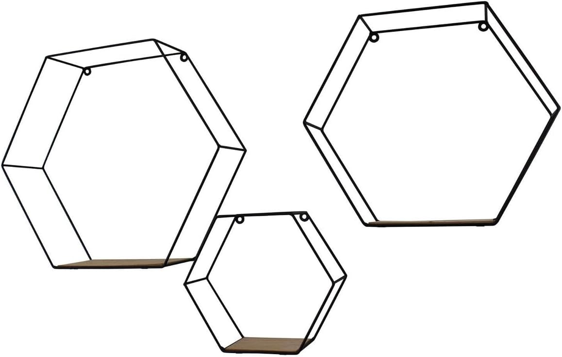 Hexagon Wall Shelves Set of Three Industrial Style Metal and Wood Wire Frame