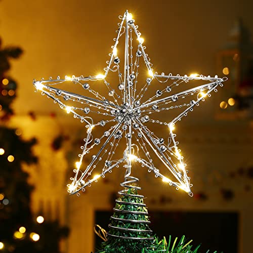 Roylvan Weihnachtsbaum Stern mit Perlen, Weihnachtsdeko LED Beleuchtet Stern aus Metall mit Timer-Funktion, Glitzernder Weihnachten LED Licht Batteriebetrieb für Weihnachtsbaum - Silber Cover
