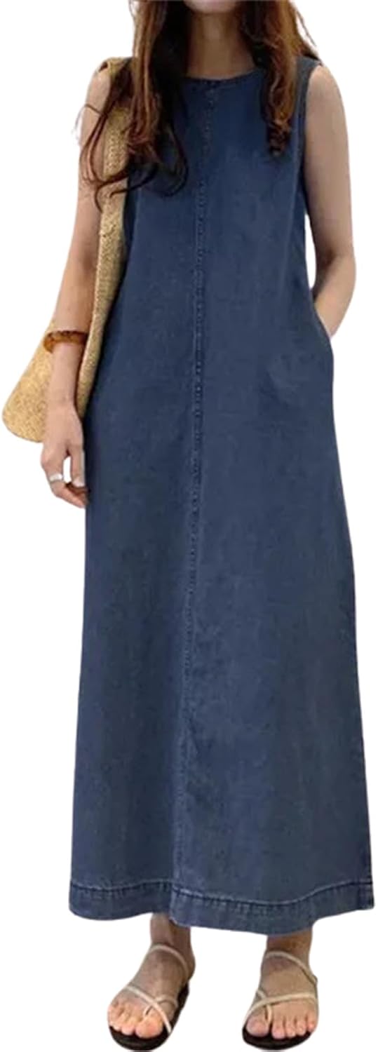 Womens Casual Sleeveless Maxi Denim Dress Crewneck Vintage Loose Long Vest Jean Dress with Pockets - Image 2