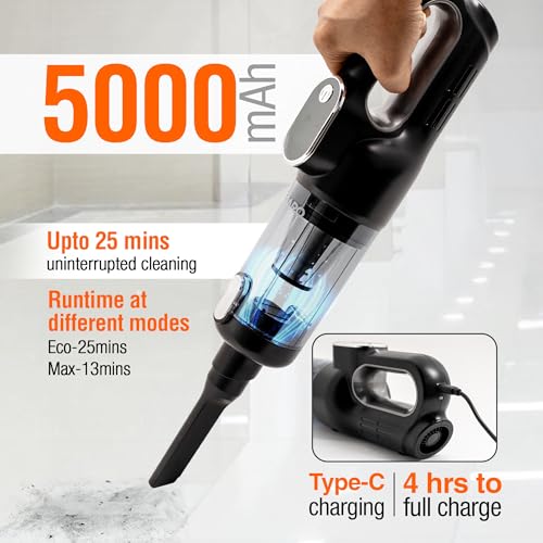 Image of AGARO HVC7799 Cordless Car Vacuum Cleaner, Portable Handheld Vacuum for Car & Home Interiors, 16 kPa High Power Suction, 5000 mAh Rechargeable Battery, Steel HEPA Filter, LED Light, Multiple Nozzles