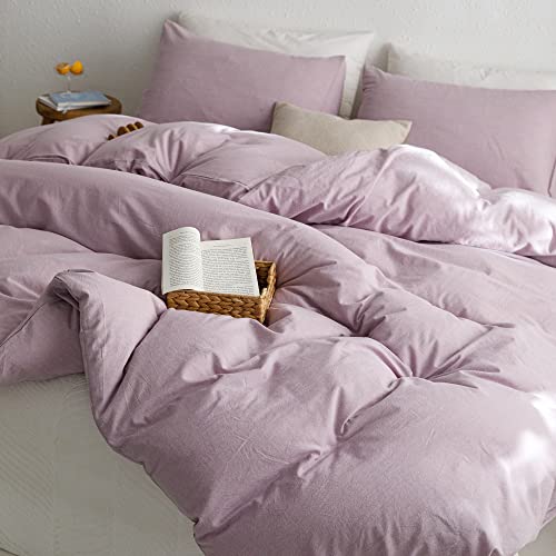 Image of ECOCOTT Light Purple Duvet Cover Queen Size - 100% Washed Cotton Durable Soft Comfy Duvet Cover Set, 3 Pieces Duvet Cover with Zipper Closure (Light Purple, 90''x90'')