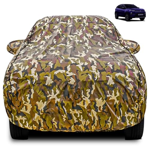 Image of FABTEC Car Body Cover for Tata Nexon New Jungle Print with Soft Cotton Lining Waterproof Car Cover UV & Rain Protection with Mirror Pocket Bottom Elastic (Military /Camouflage Pattern)