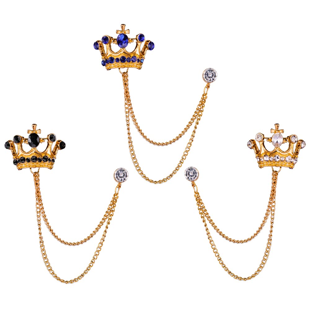 Maigendoo3pcs Brooches Pin for Men Lapel Pin Shirts Collar Chain Crown Layers Tassel Chain Suit Collar Shirt Studs Lapel Stick Gold Metal Crystal Chain Jewelry Unisex Accessories, Black Blue White