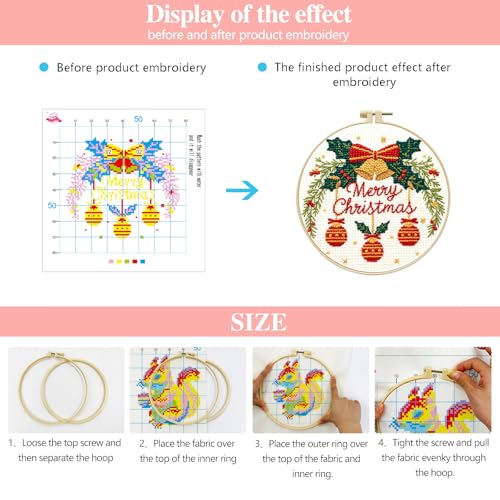 Image of Zhenqing Christmas Bells Cross Stitch Kit with Hoop - 11CT Pre-Printed 24x24cm Fabric & Complete Tools for Beginners (68348)
