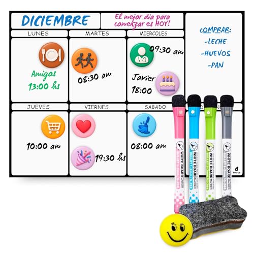 toots - Calendario Magnético para Nevera A3 (42x30) Planificador Semanal con 4 Marcadores, 8 Imanes Tematicos, Emoji y Borrador, Pizarra Organizadora para Cocina, Menú, Compras y Familia.