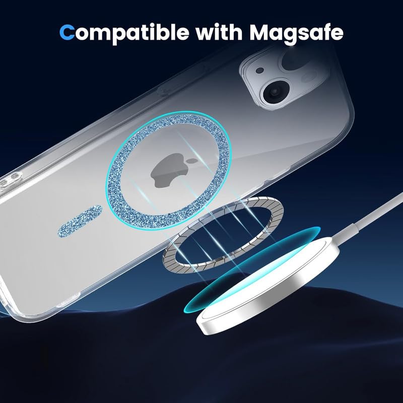 Image of AIBEX Back Cover Case Compatible with iPhone 14 | Glitter Ring Cute Shiny Colorful Bling Case (Compatible with Magsafe) | Transparent PC+TPU Glossy Shiny Cover for Girls & Women - Blue
