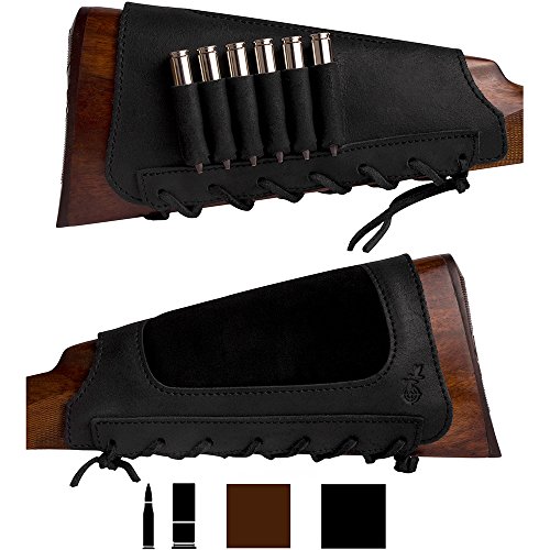 BRONZEDOG Leather Cartridge Buttstock Shotgun Shell Holder, Hunting Buttstock Ammo Holder Pouch Bag for Rifles, Shotgun Shell Pouch Shell Holder Stock (Matte Black)