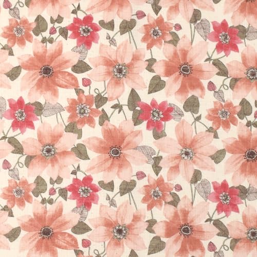 MYmama リネンライクスラブクロス サロンドフルール クレマチス 花柄 生地 綿100% 102cm幅 50cm単位販売 布 国産 ファブリック 手芸用品 (コーラルピンク)のサムネイル