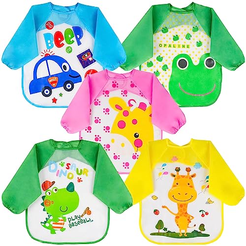 Vicloon Baberos del Bebé Impermeable, 5pcs Baberos Bebe Recien Nacido,Babero con Mangas Impermeable Infantil para Pintar con Mangas Largas de Bebé,Baberos de Alimentación para Bebés