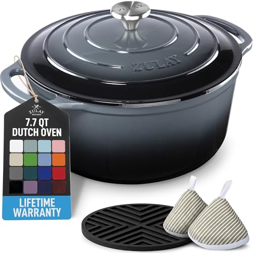 Image of Zulay Kitchen 7.7 Quart Enameled Cast Iron Dutch Oven Pot with Lid - Premium Durability & Oven Safe up to 500F - Heavy Duty Cookware Perfect for Bread Baking, Stews, Braising & Roasting - Gray