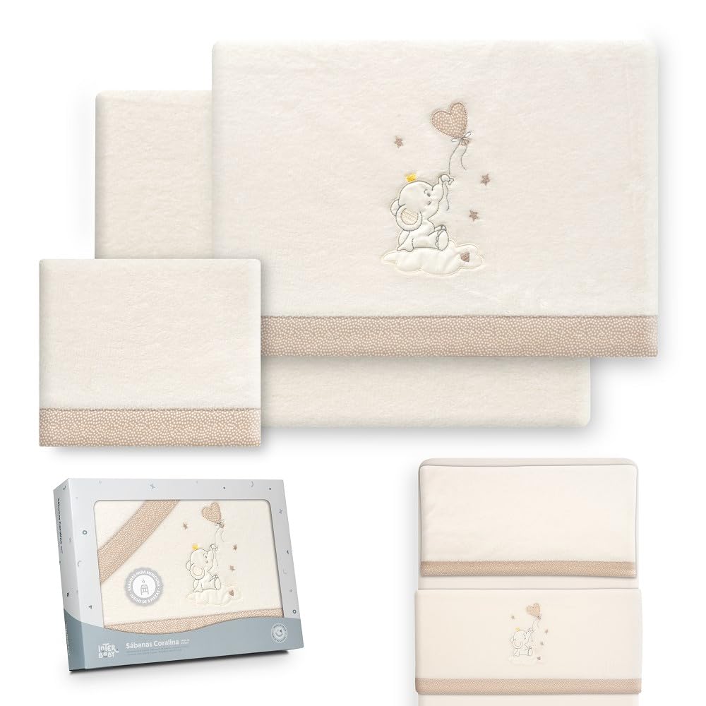 Interbaby - Juego Sabanas Minicuna 50x80 Poliester 100% | Sabana Cuna Bebe Coralina, Cálida | Incluye Sabana Bajera, Encimera y Funda de Almohada | Ideal para Invierno | Elefante Globo Corazón Beige