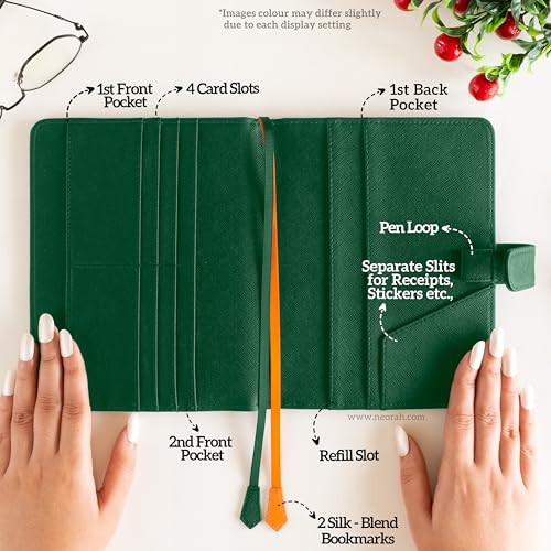Image of NEORAH - B6 Notebook SLEEVE with SNAP Button + Dotgrid JOURNAL | Faux Leather Sleeve + Penloop | 2 Front 1 Back compartment | 6 Card Slots -DARK GREEN