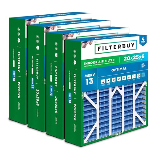 Filterbuy 20x25x6 Air Filter MERV 13 Optimal Defense (4-Pack), Pleated HVAC AC Furnace Air Filters for Aprilaire Space-Gard 201/2200 / 2250 & Lennox (Actual Size: 19.75 x 24.25 x 6.00 Inches)