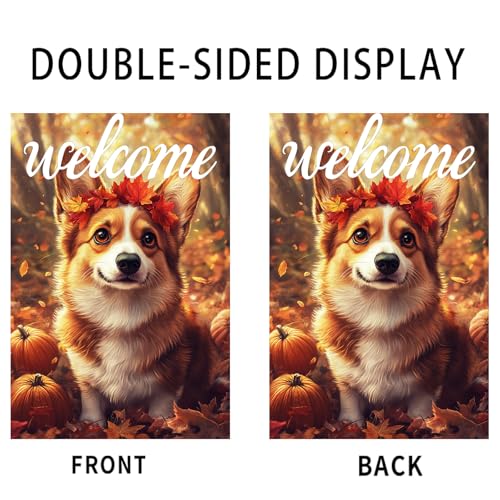 Image of Nuxovilar 12x18 inch Corgi Dog Autumn Leaf Wreath Flag | Double-sided Corgi dog and autumn leaf wreath flag for porch and yard decor.