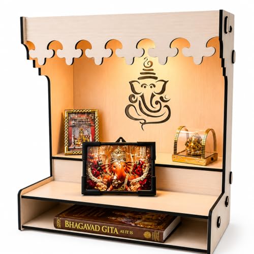Image of Zesta Wooden Mandir for Home Big Size | DIY Pooja Mandir with LED Spot Light | Devghar Cabinet for Living Room or Office | Wall Mounted Pooja Unit for Home (White)