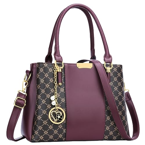 KKXIU 3 Zippered Compartments Purses and Handbags for Women Top Handle Satchel Shoulder Ladies Bags (C-wine flower pattern)