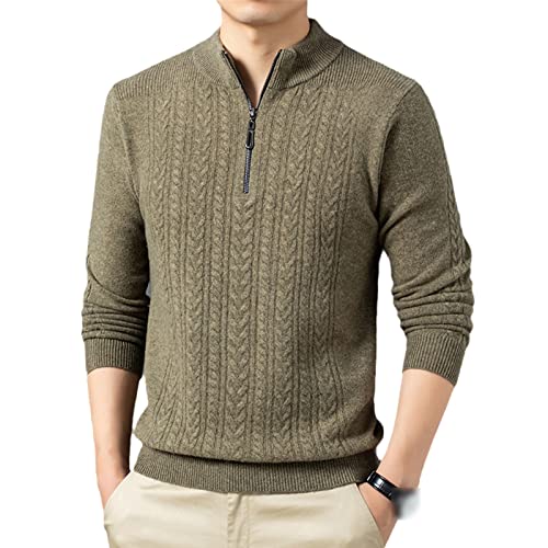 Pull homme laine tricot épais col roulé zippé isolant thermique vert