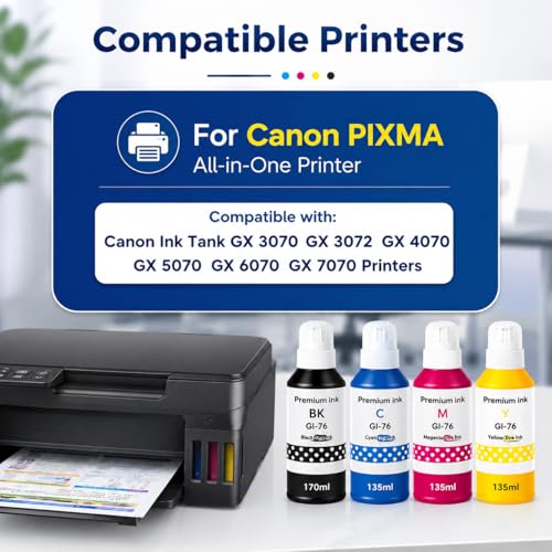 Image of GI-76 Refill Ink Bottle for Canon Pixma GX3070, GX3072, GX4070, GX5070, GX6070, GX7070 Printers (170ML x 1 Bottle Black + 135ML x 3 Bottle Color)