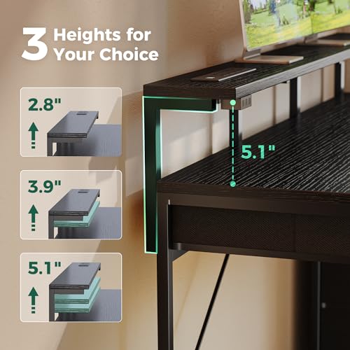 Huuger 55 Gaming Desk with 6 Drawers, LED Lights, Power Outlets, and Monitor Stand - Ideal for Home Office, Bedroom, and Study (Black)