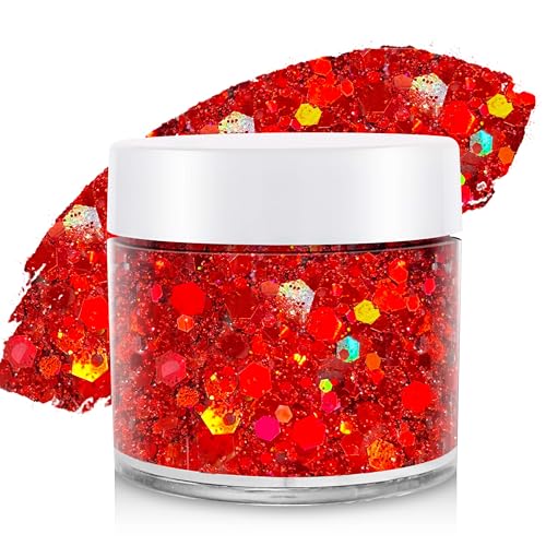 Paminify Red Face Hair Glitter 4th of July Holographic Red Body Glitter for Independence Day Patriotic Cheer Chunky Sequins for Game Day Festival Concert Makeup for Switzerland & Turkey Sports Games