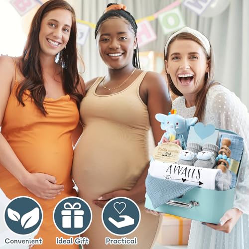 Image of Baby Gift Set Baby Shower Gifts Basket for Newborns New Born Baby Boy Gift Set Blue Baby Gift Basket with Baby Rattle Muslin Towel Security Blanket Gender Reveal Gifts for Baby Girls Boys