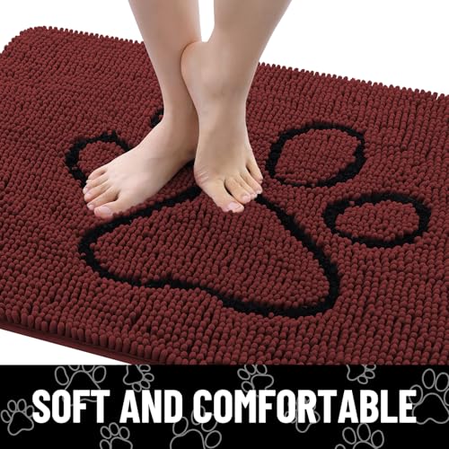 Image of Smiry Dog Door Mat for Muddy Paws, Absorbent Dirt Trapper Non Slip Quick Dry Washable Chenille Mat for Mud Dogs, Entry Rug for Indoor and Outdoor (30x20 Inches, Caramel Russet and Black)