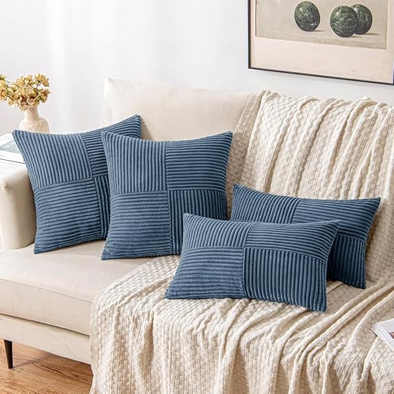 Image of Guffaw Corduroy Pillow Covers Boho Decorative Spliced Throw Pillow Covers Soft Solid Couch Pillowcases Cross Patchwork Cushion Covers for Living Room Bed Sofa 16x16 inch (2, Blue)
