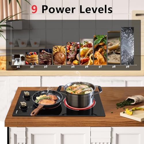 Image of 2 Burner Electric Cooktop - 12 Inch Electric Stove Top 3000W, 220V Built-in Ceramic Cook Top with Retro Knob, 9 Power Heating Level, 220-240V Hard Wired