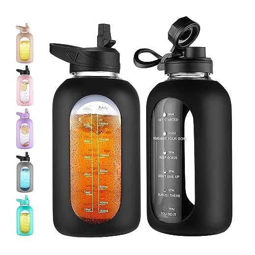 CIVAGO 64 oz Glass Water Bottle Jug with Straw and Handle, Half Gallon Sports Motivational Water Bottle with Time Marker, Wide Mouth Water Flask Canteen with Silicone Sleeve for Gym, Black