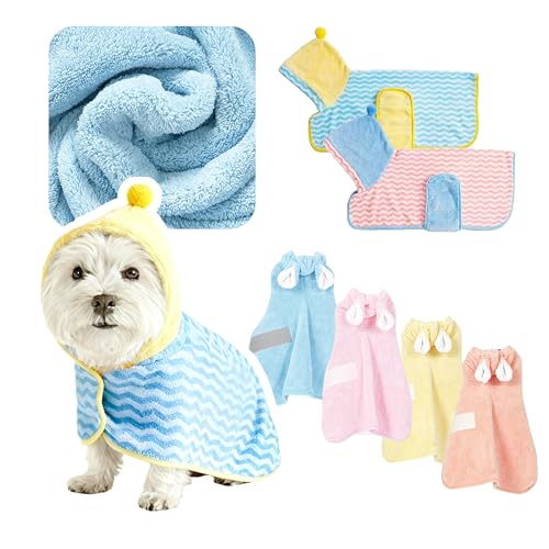 ペット用吸水バスタオル (イエロー×ブルーストライプ, Mサイズ) 犬・猫用 柔らかい素材で毛を傷つけない 丈夫で長持ち プレゼントにも最適