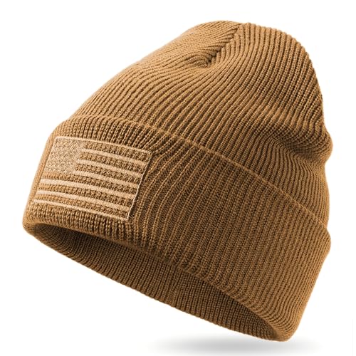 Image of OUTDOOR SHAPING American Flag Embroidered Knit Cuffed Beanie for Men Women Tactical Winter Warm Hat