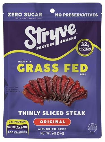 Stryve Protein Snacks - Better Than Jerky Steak - Grassfed Beef Biltong | 32g Protein, Sugar Free, Zero Carbs, Gluten Free, Dairy Free, Keto & Paleo Friendly | Original, Pack Of 4