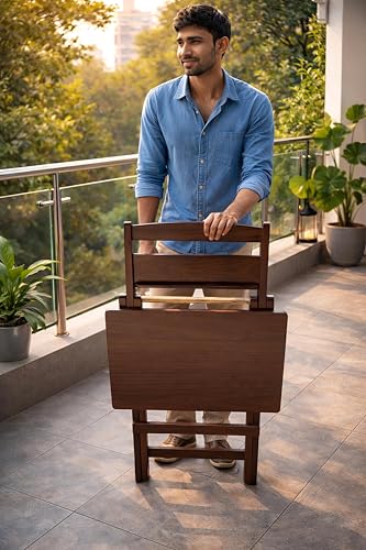 Image of fplus Teak Wood Adjustable Height Folding Table with Backboard Organizer| 25 inch-28 inch Multipurpose Side Table for Balcony, Garden & Study