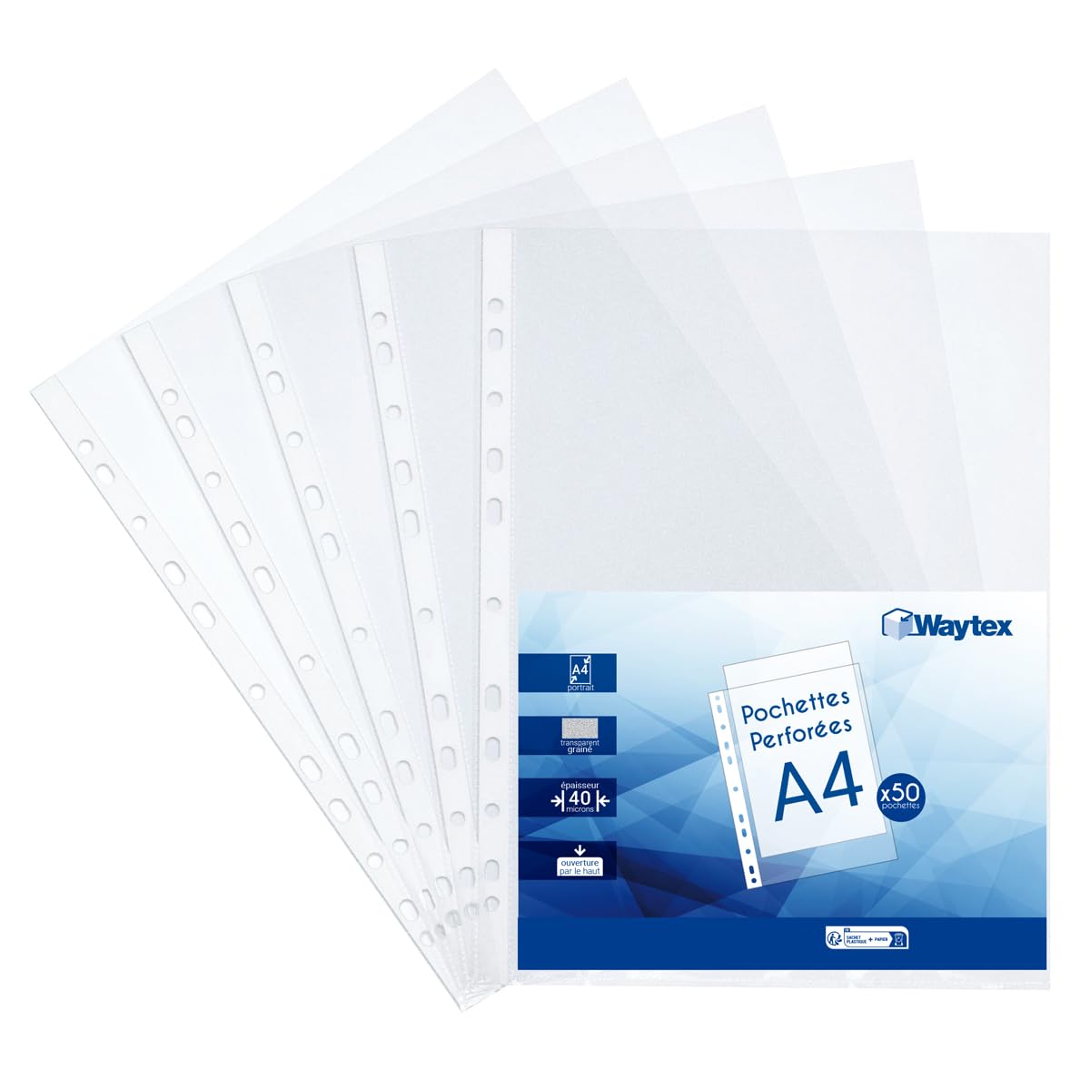 WAYTEX Perforated Folder A4, Transparent Grained, 40 Mic, Pack of 50