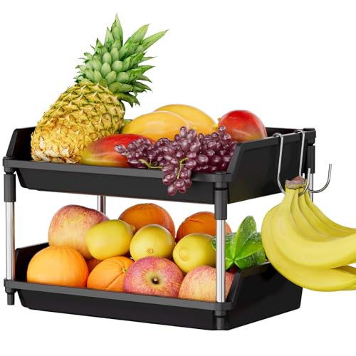 Lifewit Fruteros de Cocina, Frutero Modernos con Dos Ganchos Desmontables, Plástico Carrito Verduras con Soporte Metálico, Cestas Apilables para Plátanos, Patatas, Cebollas, 28cm(H), Negro, 2 Niveles