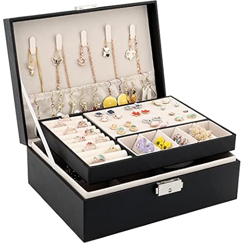 DesignSter Jewelry Box Organizer with Lock-2 Layer PU Leather Jewelry Storage Case Jewelry Holder Display with Removable Tray for Necklace Earrings Rings Bracelets (Black) Cover