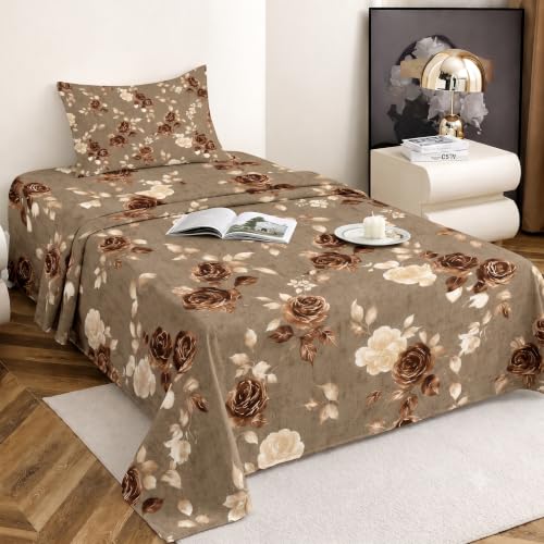 Image of IVAZA 260 TC Soft Ezyption Cotton Floral Single Bed Sheet - Single bedsheet with 1 Pillow Cover Hypoallergenic, Brethable, (Size- 90 x 60 Inch Chocolate Brown