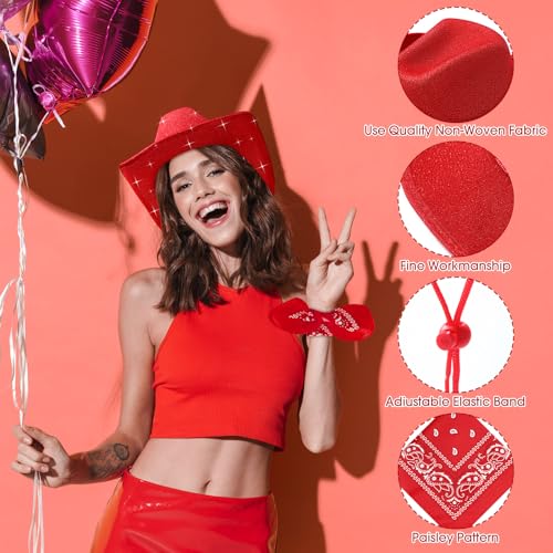 Image of Coume 12 Pcs Sparkly Adults Cowboy Hat and Bandanas Women Men Western Glitter Cowgirl Party Hats with Adjustable Drawstring