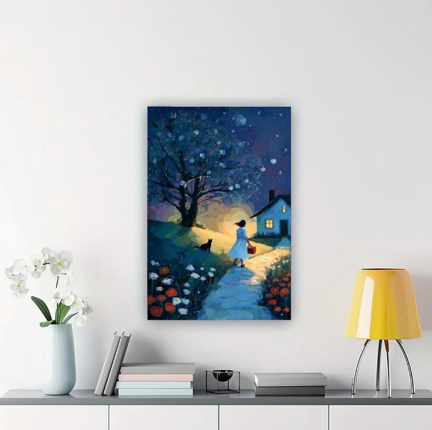 SXFDPDL Cuadro decorativo de pared Niña y gato en la noche estrellada, estilo cuento de hadas, con paisaje, póster para decoración del hogar (80x120cm/sin marco).