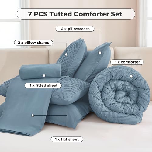 Image of Andency Oversized Queen Size Comforter Set with Sheets Grayish Blue - 7 Pieces Bed in a Bag Oversized Queen Boho Tufted Lightweight Bedding Sets with Comforter, Sheets, Pillowcases & Shams
