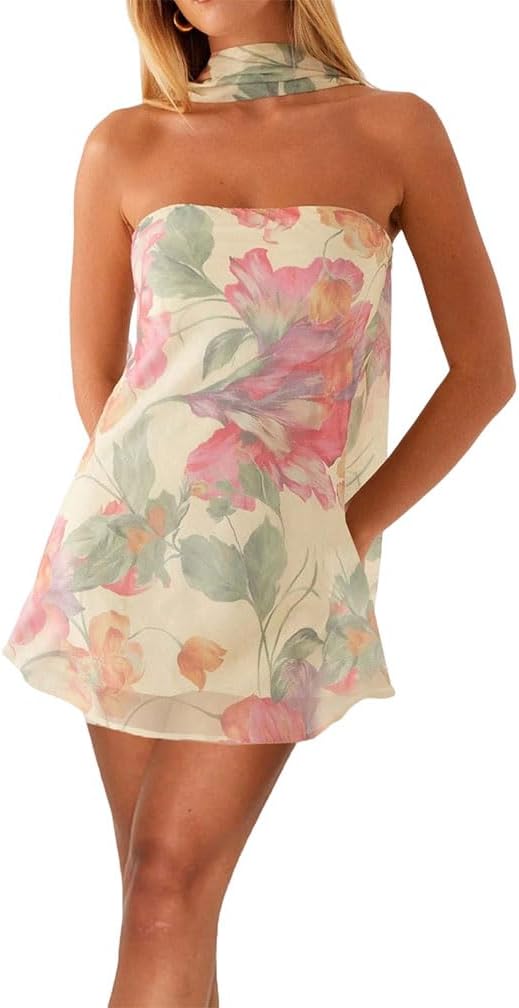 Naileksi Women Strapless Floral Print Mini Dress with Scarf Casual Tube Mesh Short Dress Summer Wedding Guest Dress
