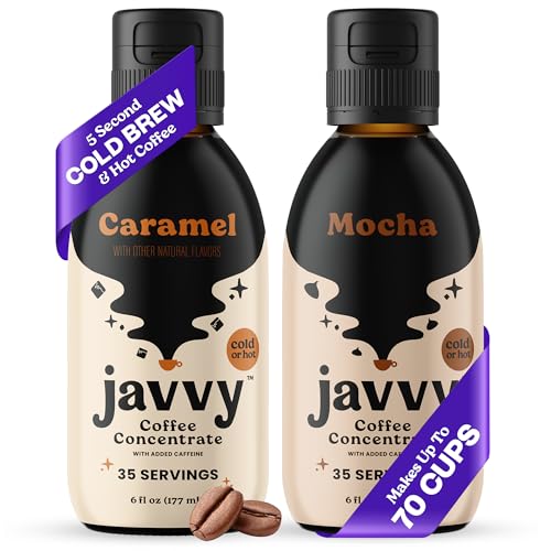 Image of Javvy Cold Brew Coffee Concentrate Instant Coffee, Caramel & Mocha, 2 Pack | 100% Real Coffee, 0g Sugar, No Artificial Flavors, 60-80mg Caffeine per Serving, Gluten Free, Makes Hot or Iced Coffee