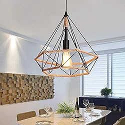 Amazon Lampara Techo Industrial Lámpara de Techo Retro Vintage Industrial, Colgante Lámpara Negro Metal y Cuerda de cáñamo, Loft luz forma de Diamante, para Comedor, Salon, Bar, Café - Ø250MM, Negro(sin E27 bombilla)