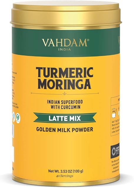 VAHDAM, Turmeric + Moringa Latte, 40 Cups (3.53 oz) | Certified Golden Milk Powder with Powerful Curcumin | Turmeric Powder + Moringa | Turmeric Latte | Brew Hot or Iced