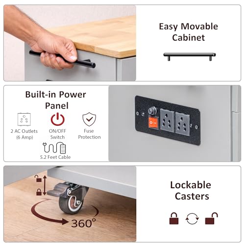 Image of Rocco Walky Kitchen Island Storage Cabinet with Wheels, Solid Rubber Wood Top, Fluted Acrylic Doors, Built-in Power Sockets & LED Lights, Soft-Close Hinges & Side Organizer (Grey, Medium Size)