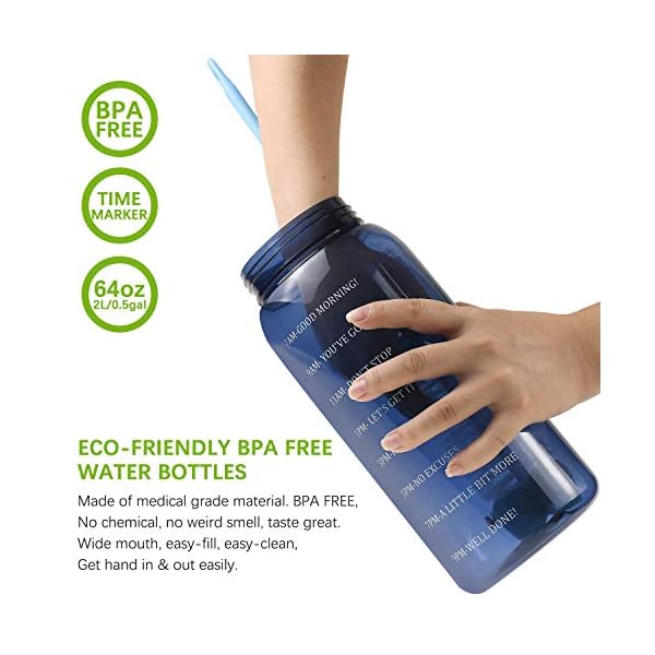 Half Gallon Water Bottle With Straw, 2l Water Bottle Motivational Water Bottle 64 Oz Water Bottle With Time Marker, Wide Mouth Water Jug for Sports Water Bottle BPA Free Leakproof, Blue Water Bottles