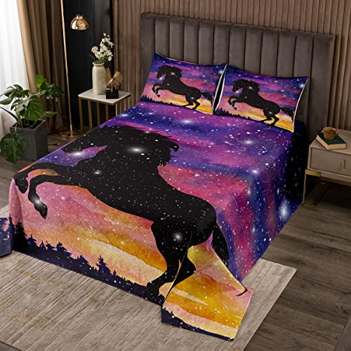 Schwarzes Pferd Tagesdecke 240 x 260 Wasserfarben Galaxy Bettwäsche Set für Kinder Jungen Mädchen Teenager Erwachsene Wildtier gesteppt Sternenhimmel Wildtier Steppdecke Set mit 2 Kissenbezüge