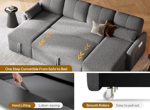 DWVO 105" Sectional Sofa Couch, 2 in 1 Sleeper Sofa Bed with Reversible Storage Chaise Pull Out Bed, U-Shape Sofa Bed for Living Room, Side Storage Pocket, Teddy Fleece, Grey