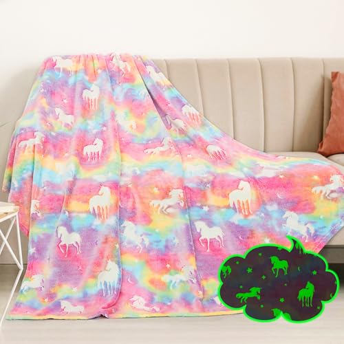 Unicorn Blanket for Girls Glow in The Dark Blanket for Kids Toddler Pink Soft Fleece Kids Throw Blanket Unicorn Gifts for Girls Age 3-12 Christmas Birthday Gifts for 4 5 6 7 8 Year Old Girl