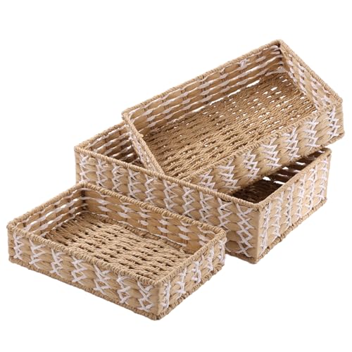 Cestas Almacenaje Trenzada, Set de 3 Cesta de Almacenamiento de Mimbre, Cestas Tejidas Apilables Caja Organizadora, para Baño, Cocinas, Oficinas, Sala de Estar